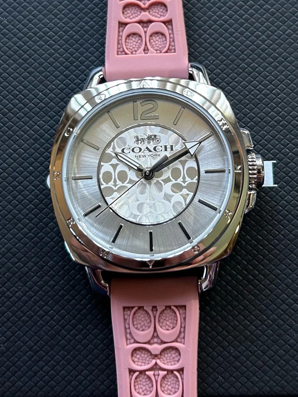Coach Boyfriend Watch With 34mm Silver Face & Pink Silicone Band